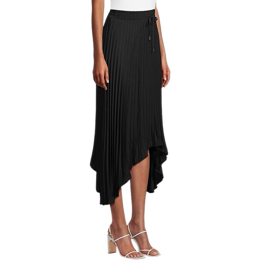 Karl Lagerfeld Paris Pleated Crepe Asymmetric Midi Skirt SZ L BLACK